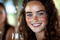 Young woman with freckles and bright blue eyes smiling genuinely while holding wine glass at social gathering, natural lighting highlights her curly brown hair and radiant expression.