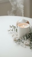 Burning candle with eucalyptus leaves and white flowers creating peaceful spa atmosphere with rising smoke on clean white surface for relaxation wellness.