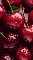 Fresh ripe cherries with water drops on dark red skin and green stems, macro shot showing juicy texture and natural moisture on fruit surface.
