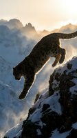 Snow leopard leaping through powder snow on mountain ridge at golden hour with dramatic alpine peaks in background for wildlife and nature concepts.