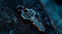 Macro shot of wet metal key with water droplets on dark blue textured background, dramatic lighting creates mysterious atmosphere. Security concept.
