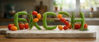 Word FRESH spelled with cucumbers, tomatoes, and rosemary on a wooden cutting board in a bright kitchen setting.