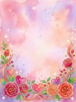 Watercolor floral frame with roses, hearts, and sparkling lights on soft pink and purple gradient background, isolated on white for greeting cards and romantic designs.