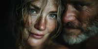 Intimate portrait of young Caucasian woman with freckles and older bearded man sharing tender moment. Emotional connection between generations concept.
