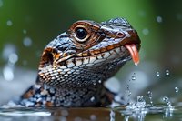 Reptile iguana head emerging from water with water droplets splashing, close-up wildlife nature photography for educational and design use.