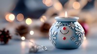 Blue ceramic candle holder with snowflake pattern and red berries glowing warmly amid festive holiday decorations and bokeh lights for seasonal home decor.