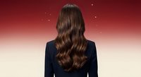 Professional woman with long wavy brown hair from behind against gradient red background for beauty and hair care advertising campaigns.