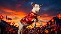 White goat in traditional red Chinese outfit celebrating lunar new year festival with lanterns and dramatic sunset sky background.