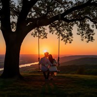 Romantic couple on tree swing watching golden sunset over mountains and lake creating intimate moment for wedding anniversary or engagement concepts.