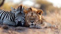 Unlikely friendship between zebra and lion resting together in golden savanna light, showing peaceful coexistence in nature during sunset hours.