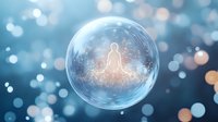 Glowing silhouette in meditation pose inside crystal sphere with magical sparkles and bokeh lights on blue background. Spiritual wellness concept.