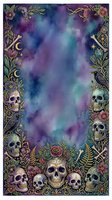 Mystical watercolor background with ornate gold skull and floral border frame, featuring purple, teal, and pink gradient wash. Perfect for gothic, Halloween, or occult-themed designs, posters, and digital artwork projects.