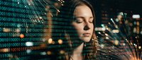 Young professional woman interacting with digital binary code data streams in futuristic technology environment for business analytics concepts.