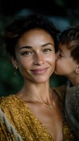 Young mixed race woman in gold sequin dress smiles warmly as child gives tender kiss on cheek against dark green background, capturing pure maternal love and joy.