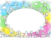 Colorful watercolor frame with hand drawn city skyline, houses, trees, hot air balloons and clouds creating circular border for text or design elements.