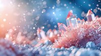 Magical winter macro shot of delicate ice crystals and frost formations glowing in pink and blue light with dreamy bokeh background, creating ethereal seasonal atmosphere.