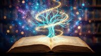 Glowing tree of light emerging from open book pages with magical energy and bokeh lights, symbolizing knowledge, wisdom, learning, and imagination for educational and inspirational concepts.