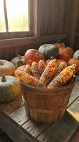 Autumn harvest display with colorful Indian corn in wooden basket surrounded by pumpkins and gourds in rustic barn setting for seasonal decorating.
