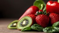 Fresh kiwi and strawberry fruits with red apples arranged on neutral surface, suitable for food, nutrition, healthy eating, and culinary design projects.