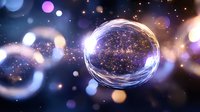 Transparent glass sphere floating in cosmic space with glowing particles and bokeh lights creating magical atmosphere for digital art and fantasy designs.