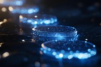 Glowing blue circular light trails with sparkles and bokeh effects on dark background create magical atmospheric composition for fantasy designs and backgrounds.