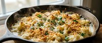 Creamy cauliflower gratin with golden breadcrumb topping and fresh herbs baked in cast iron skillet, comfort food side dish for family dinner.