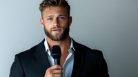Young Caucasian male professional with beard wearing black suit and white shirt holding microphone against gray background, confident expression for business presentation.