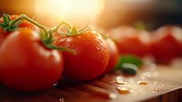 Fresh ripe red tomatoes with water drops and green stems on wooden cutting board in warm sunlight, macro shot with selective focus and bokeh effect.