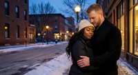Romantic couple embracing on snowy city street at twilight with warm streetlights creating intimate winter evening atmosphere for love and relationship concepts.