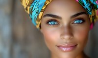 Young woman wearing colorful turban headwrap, striking blue eyes and natural makeup, warm skin tone, gentle smile in soft lighting close-up portrait.