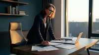 Professional businesswoman working at modern office desk with laptop and documents during golden hour lighting in corporate workspace.