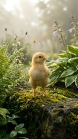 Young chick standing on moss-covered ground surrounded by wildflowers and green foliage in soft, diffused natural light. Agricultural and nature themes.