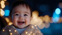 Joyful Asian baby laughing against blurred holiday lights background with warm and cool bokeh effects creating magical festive atmosphere.