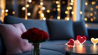 Romantic evening ambiance with red roses in vase on coffee table, heart-shaped lights, and bokeh fairy lights creating cozy atmosphere on blue sofa with pink cushion.