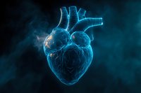Anatomically accurate glowing blue human heart visualization with detailed arterial system and chambers against dark background surrounded by ethereal smoke.