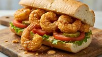 Crispy golden fried shrimp po boy sandwich with fresh lettuce and tomato on crusty bread, served on wooden cutting board for restaurant menu photography.