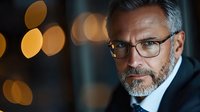 Confident mature businessman with glasses and beard in elegant suit against blurred city lights background for corporate and professional marketing materials.