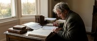 Mature man with gray hair and glasses, wearing olive cardigan, studying documents at wooden desk by bright window with natural landscape view, surrounded by open books and papers.