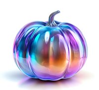 Iridescent holographic pumpkin with vibrant blue, purple, and orange metallic surface reflecting light on white background, isolated decorative autumn element.