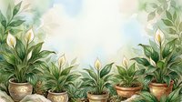 Watercolor peace lily plants in decorative pots framing a soft green background, perfect for nature-themed designs and home decor prints.
