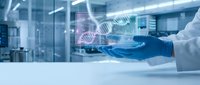 Scientist in blue gloves holding holographic DNA double helix model in modern laboratory for genetic research and biotechnology innovation.
