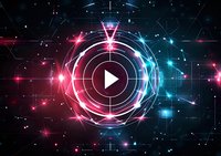 Futuristic play button surrounded by glowing neon circles and geometric lines in pink and blue colors against dark space background with shining stars and particles.