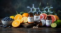 Natural vitamin supplements with fresh citrus fruits and berries on wooden table. Health and wellness concept for nutritional products and dietary support.