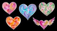 Watercolor hearts set with floral, swirl, and winged designs, isolated on transparent background. Great for stickers, t-shirt design, print on demand, and clipart.