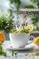 Refreshing splash in white teacup with mint leaves, lemon slices and water droplets, surrounded by citrus fruits on light background.