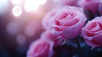 Pink roses with water drops in soft focus against blurred bokeh background, creating romantic and dreamy atmosphere for wedding and valentines designs.
