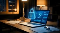 Laptop displaying cybersecurity dashboard with lock icons and data analytics on modern office desk with warm lighting for business technology concepts.