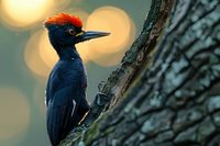 Black woodpecker with vibrant red crest perched on tree trunk against blurred golden bokeh background, side profile showcasing distinctive beak and feather detail.