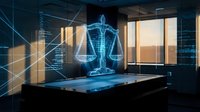 Digital justice scales hologram floating above tablet in modern law office with data visualization and legal technology interface for attorney services.