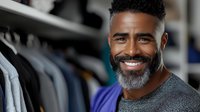 Confident mature African American man with gray beard wearing casual clothes smiling at camera in clothing store, fashion retail environment.
